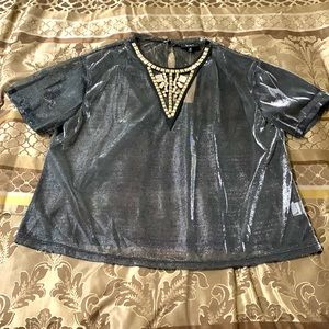 NWT. Sheer black/silver size medium, short sleeve, too with embellishment.
